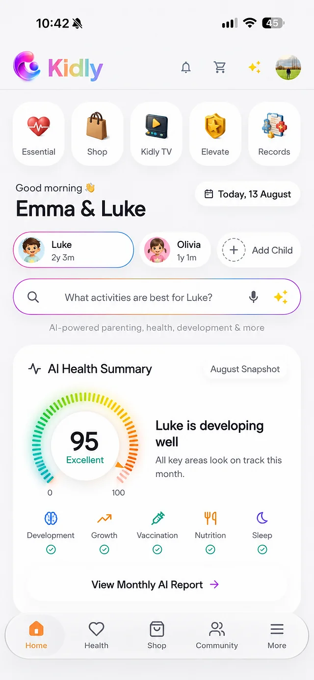 Kidly home screen with the AI Health Summary score for Emma and Luke