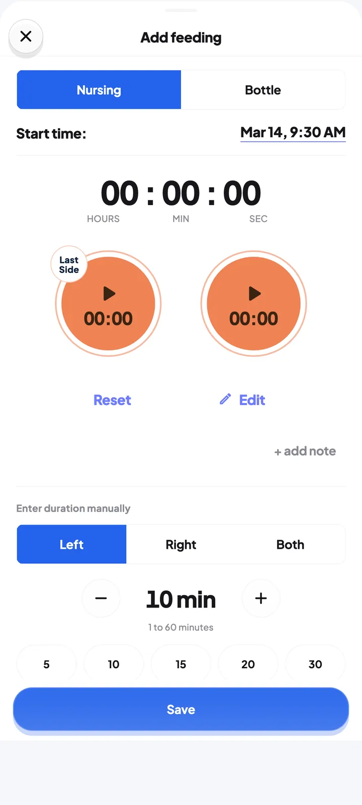 Add feeding sheet with a nursing timer for the left and right side