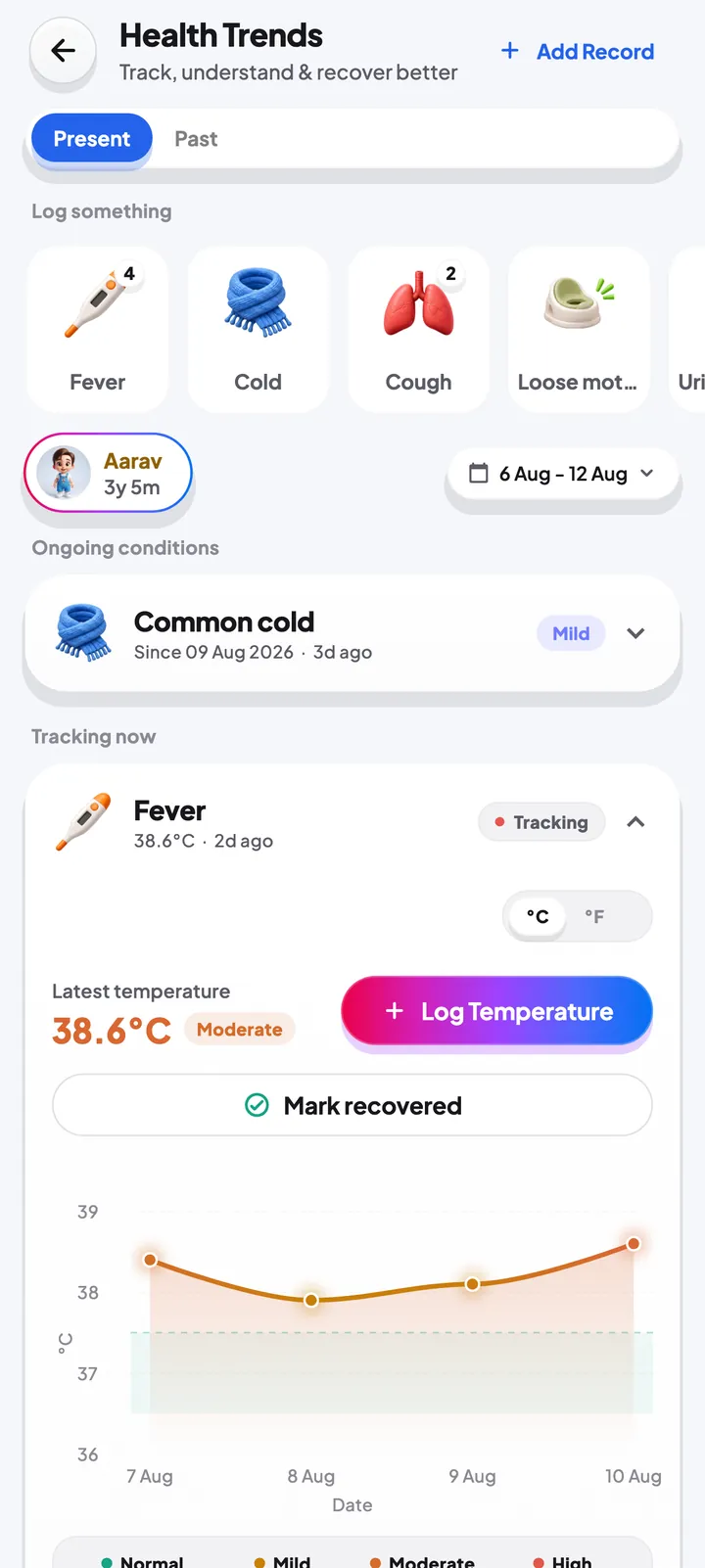 Illness tracker logging a fever with a temperature chart