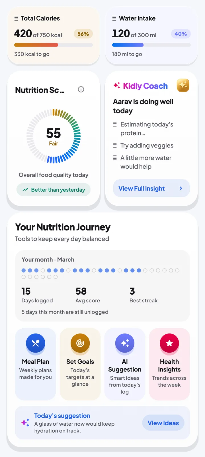 Nutrition dashboard for Aarav: nutrition score 55 (Fair), 420 of 750 kcal, 120 of 300 ml of water and a Kidly Coach note that Aarav is doing well today